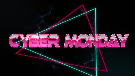 Animation-of-cyber-monday-text-in-metallic-pink-letters-with-triangles