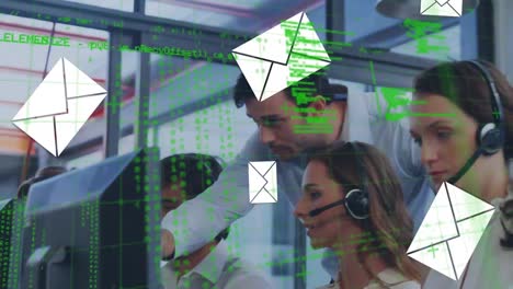 Animation-of-financial-data-processing-and-email-icons-over-people-wearing-phone-headsets