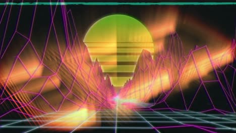 Animation-of-glowing-sun-with-3d-map-moving-on-grid