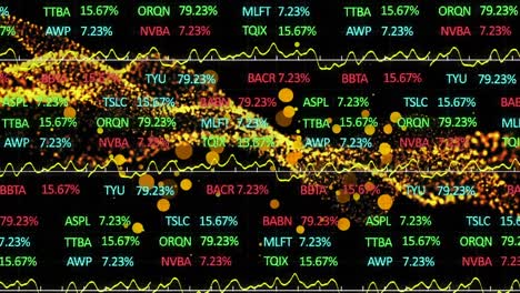 Animation-of-colourful-financial-data-processing-on-interface,-over-gold-landscape,-on-black