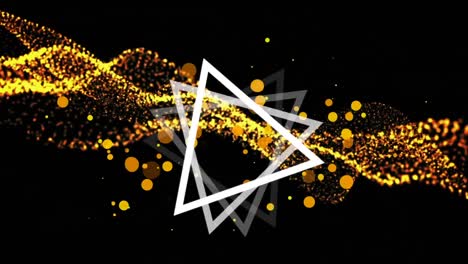 Animation-of-rotating-white-triangle-over-orange-spots-and-gold-landscape-moving-on-black-background
