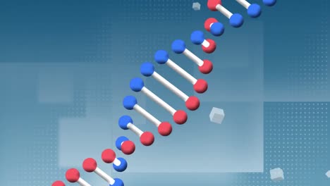 Animation-of-rotating-dna-strand-and-grey-cubes-floating-over-blue-dots-and-squares