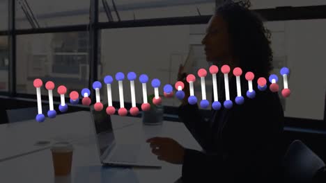 Animation-of-dna-strand-over-businesswoman-in-office