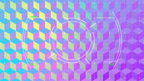 Animation-of-white-circular-scope-rotating,-on-blue,-yellow-and-purple-2d-pattern-background