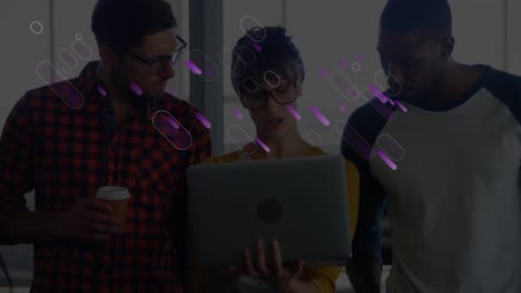 Animation-of-purple-lights-trails-over-business-people-in-office