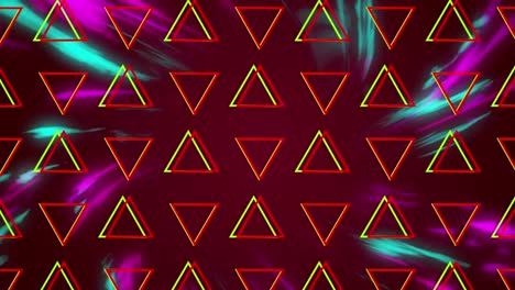 Animation-of-moving-triangles-over-pink-and-blue-spinning-lights-on-black