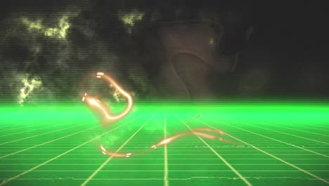 Animation-Der-Bewegung-Leuchtender-Gelber-Flüssiger-Energie-über-Grünem-Gitter-Und-Wolken