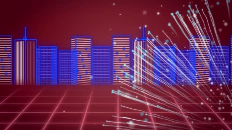 Animation-of-white-firework-over-blue-cityscape-and-pink-grid,-moving-on-dark-brown