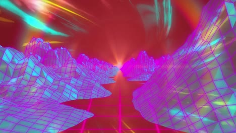 Animation-of-digital-landscape-over-colorful-spinning-glowing-lights