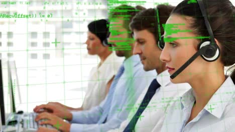 Animation-of-financial-data-processing-over-people-wearing-phone-headsets