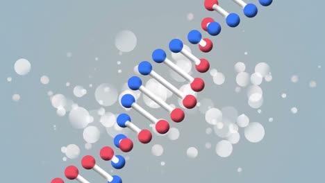 Animation-of-rotating-dna-strand-over-white-spots-moving-on-grey-background