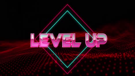 Animation-of-level-up-text-in-metallic-pink-letters-with-diamonds-over-mesh