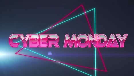 Animation-of-cyber-monday-text-in-metallic-pink-letters-over-neon-triangles