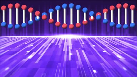 Animation-Eines-DNA-Strangs-über-Blauen,-Sich-Bewegenden-Streifen-Und-Lichtern