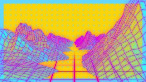 Animation-of-pink-and-blue-landscape-and-pink-grid,-moving-on-yellow-with-rotating-green-triangles
