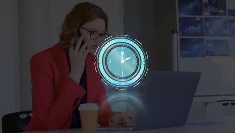 Animation-of-clock-over-businesswoman-in-office