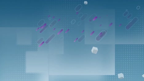 Animation-of-purple-light-trails-with-floating-grey-cubes,-on-blue-dots-and-squares