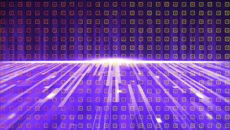 Animation-of-yellow-shapes-over-glowing-purple-stripes-and-moving-colorful-grid