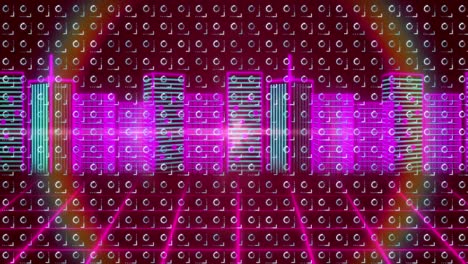 Animation-of-rows-of-circles-spinning-over-cityscape-and-grid