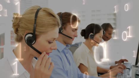 Animation-of-binary-code-over-business-people-wearing-headsets
