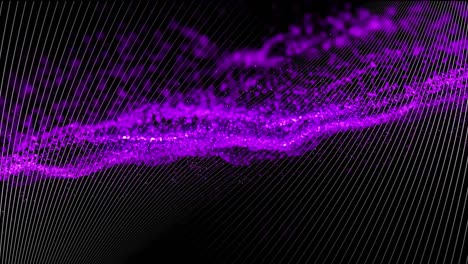Animation-of-floating-purple-liquid-over-white-parallel-curved-lines,-moving-on-black