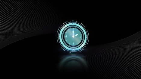 Animation-of-clock-with-turning-hands-and-white-parallel-curved-lines-on-black-background