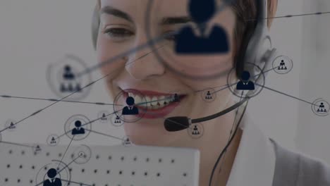 Animation-of-network-of-connections-over-businesswoman-wearing-phone-headset