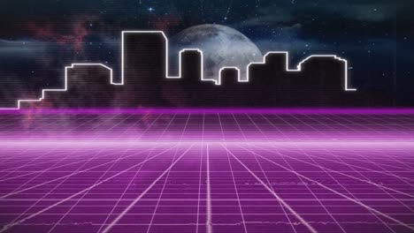 Animation-Der-Nächtlichen-Stadtlandschaft-über-Einem-Sich-Bewegenden-Violetten-Gitter