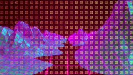 Animation-of-yellow-shapes-over-colorful-digital-landscape-on-moving-colorful-grid