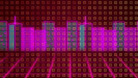 Animation-of-yellow-geometrical-shapes-colorful-digital-cityscape-and-moving-colorful-moving-grid