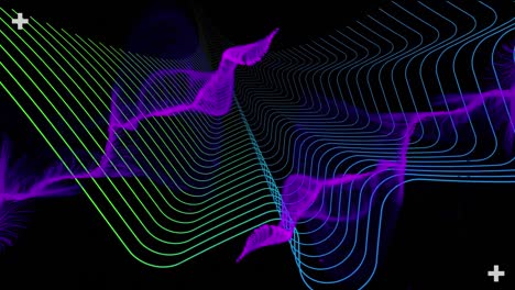 Animation-Von-Schwebendem-Violettem-Dampf-über-Parallelen-Grünen-Und-Blauen-Linien,-Der-Sich-Auf-Schwarz-Bewegt