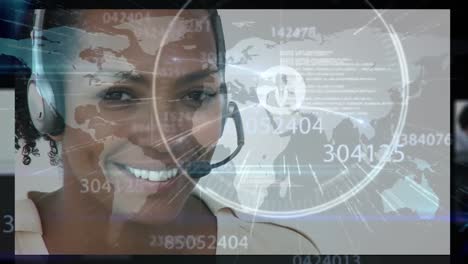Animation-of-data-processing-and-world-map-over-business-people-wearing-headsets