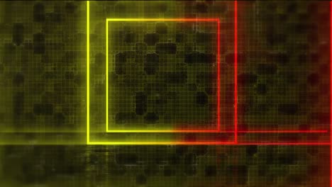 Animation-Roter-Und-Gelber-Neonquadrate,-Die-Sich-über-Ein-Gelbes-Digitales-Gitter-Auf-Schwarz-Bewegen
