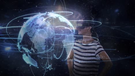 Animation-Eines-Netzwerks-Von-Verbindungen-Und-Eines-Globus-über-Einer-Geschäftsfrau,-Die-VR-Headsets-Trägt