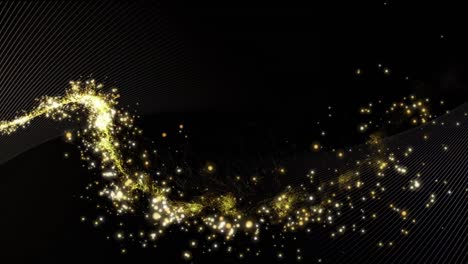 Animation-of-sparkling-gold-firework-over-white-parallel-curved-lines,-moving-on-black