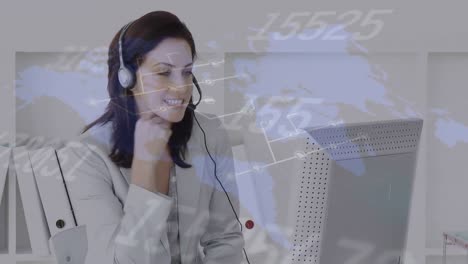Animation-of-world-map-and-data-processing-over-businesswoman-wearing-headset