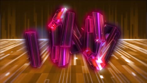 Animation-of-pink-glowing-3d-shapes-over-glowing-orange-stripes-and-moving-colorful-grid
