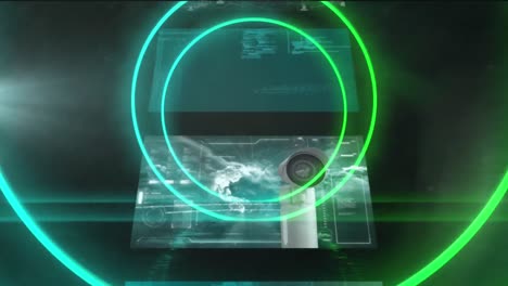 Animation-Blauer-Und-Grüner-Neonkreise-über-Der-Datenverarbeitung-Auf-Einer-Kaskade-Von-Schnittstellenbildschirmen