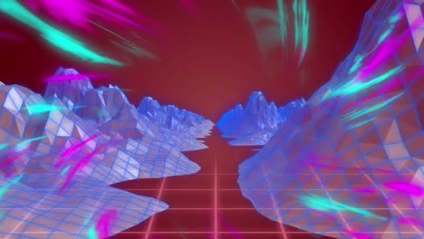 Animation-of-blue-and-pink-lights-colorful-digital-landscape-on-moving-colorful-grid