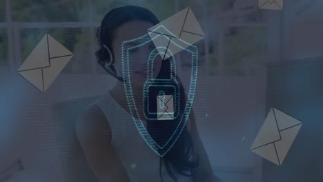 Animation-of-security-shield-and-icons-over-businesswoman-wearing-headset