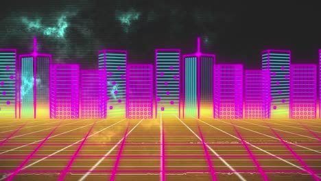 Animation-of-colorful-digital-cityscape-over-moving-colorful-grid-and-blue-clouds