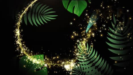 Animation-of-sparkling-gold-firework-over-green-leaves,-moving-on-black