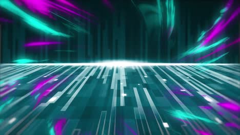 Animation-of-spinning-colorful-lights-over-glowing-blue-stripes-and-moving-colorful-grid