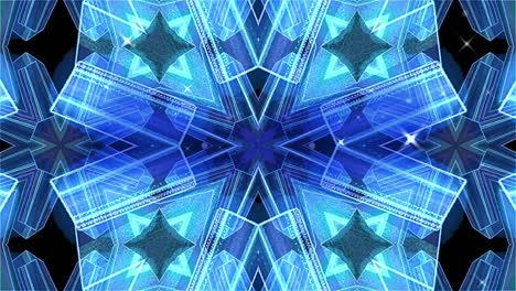 Animation-of-blue-kaleidoscopic-moving-shapes-over-sun-and-glowing-moving-pink-grid