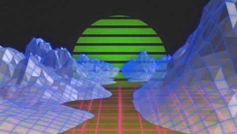 Animation-of-colorful-digital-landscape-on-moving-colorful-grid
