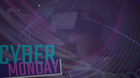 Animation-Von-Cyber-Monady-Text-über-Mädchen,-Das-VR-Headsets-Trägt