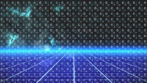 Animation-of-moving-shapes-over-glowing-moving-blue-grid