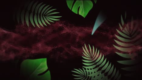 Animation-of-red-vapour-and-drips-over-green-leaves,-moving-on-black