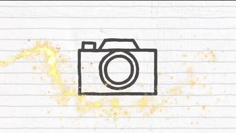 Animation-of-sparkling-gold-firework-over-camera-icon-on-white-lined-paper-background