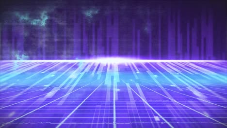 Animation-of-glowing-blue-stripes-and-moving-colorful-grid